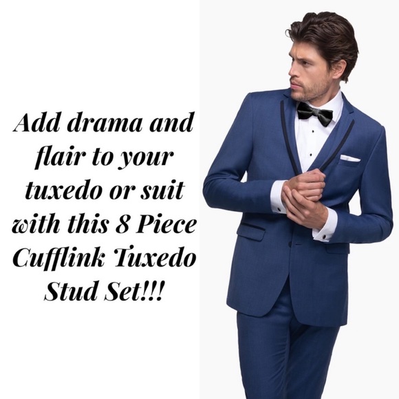 Elegant Royal Blue Gold Outlined Round Cufflinks Tuxedo Studs Formal 8 Pcs Set - Picture 5 of 16